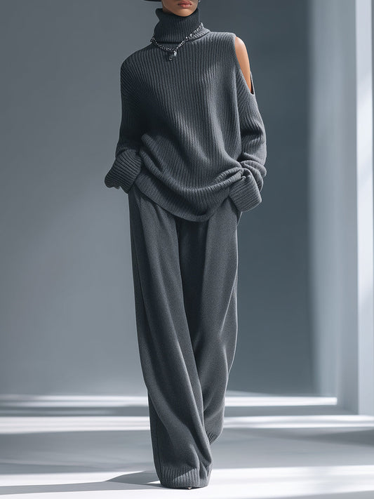 Old Money Style Off-the-shoulder Turtleneck Sweater Wide-leg Pants Dark Gray Knitted Set
