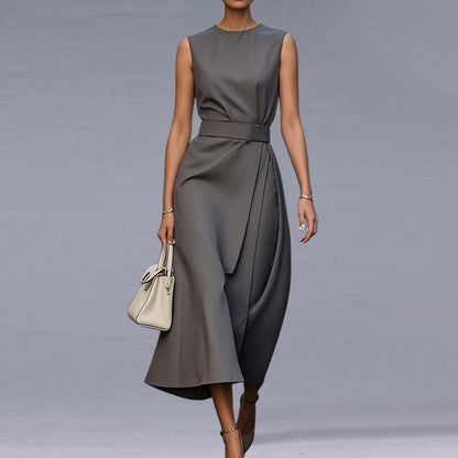 Formal Solid Round Neck Sleeveless Belt Midi Dress