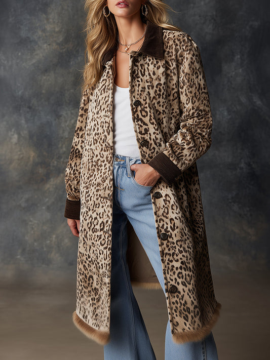 Vintage Corduroy Collar Faux Mink Hem Leopard Print Velvet Midi Jacke