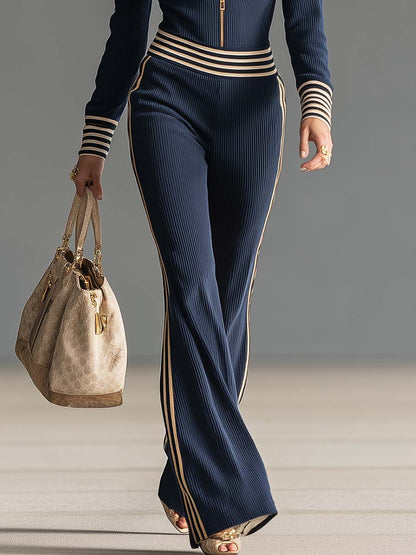 Retro Fashion Sports Hooded Zipper V-neck Dark Blue Knitted Jumpsuit