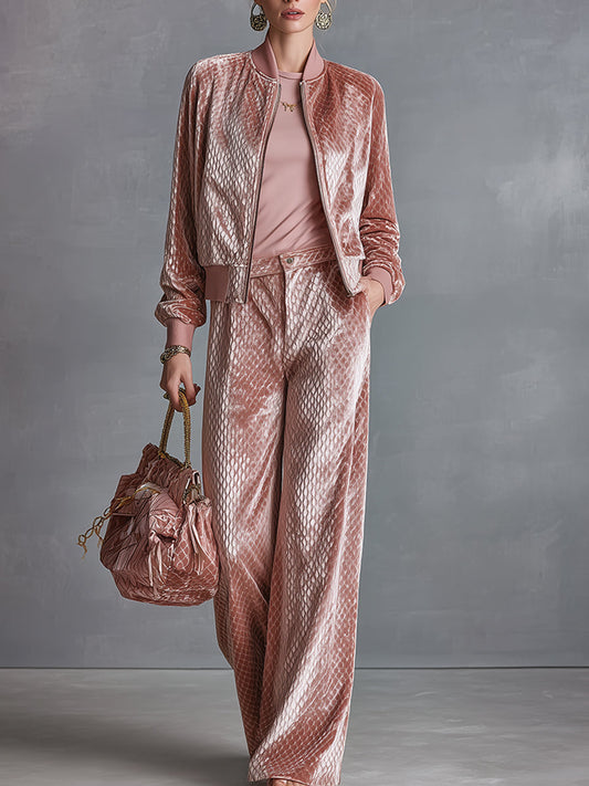 Casual And Elegant Dry Pink Textured Velvet Jacket And Wide-leg Pants Set