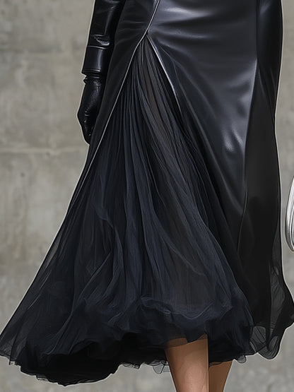 Black Faux Leather Button-stitched Organza Midi Dress