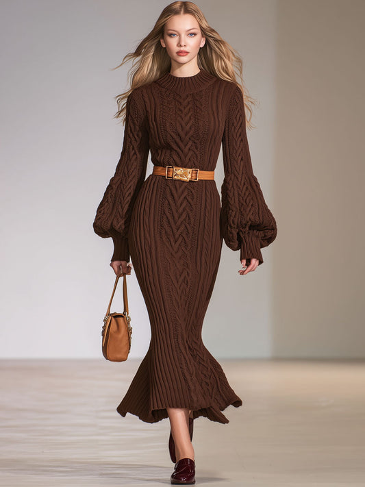 Vintage Cocoa Brown Cable Knit Fishtail Lantern Long Sleeve Midi Dress