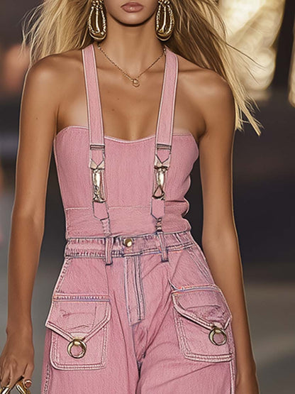 【24-hour shipping out】Fashion Personality Loose Pink Suspender Denim Jumpsuit Overalls