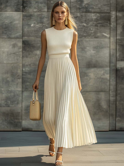 【24-hour shipping out】Elegant Casual And Comfortable Cream Knitted Chiffon Pleated Hem Maxi Dress