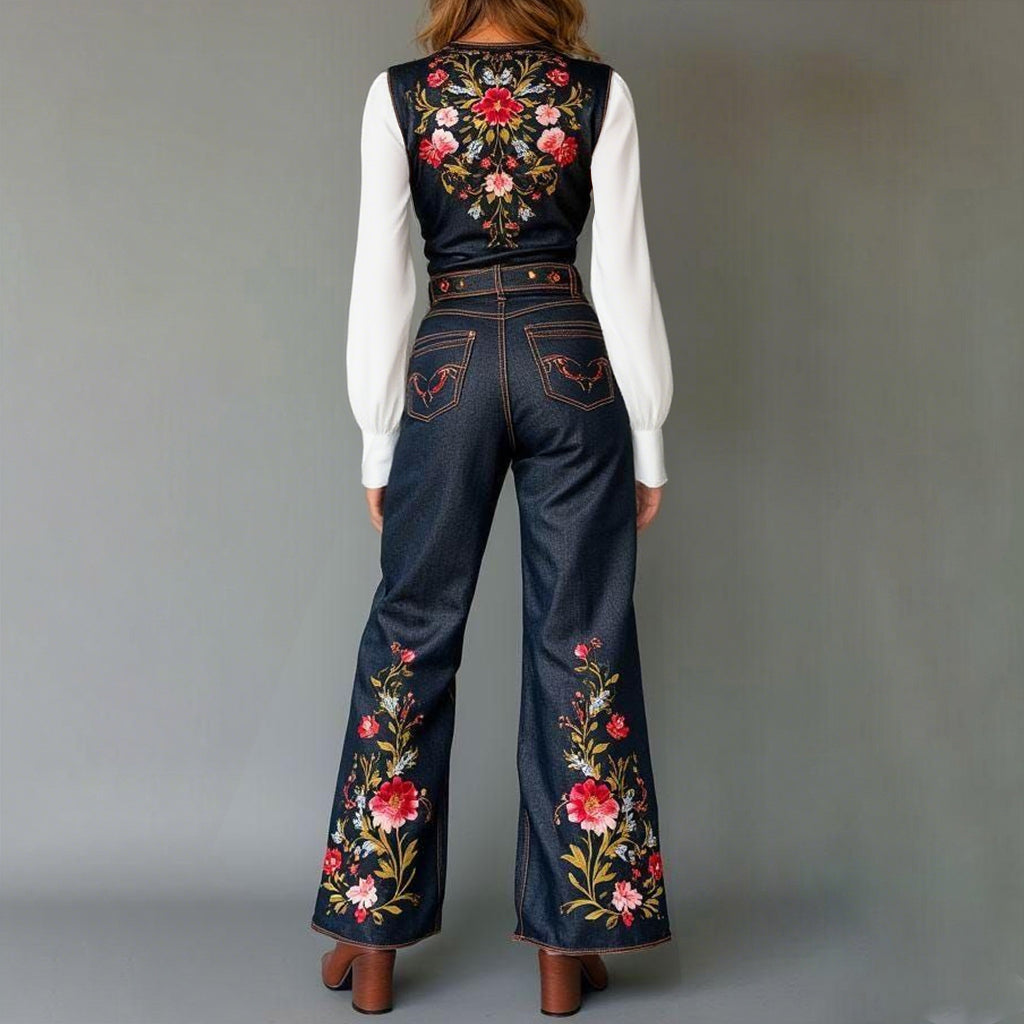 Western Denim Floral Pattern Deep V Neck Wide Leg Jumpsuit