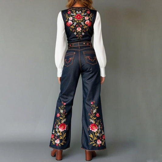 Western Denim Floral Pattern Deep V Neck Wide Leg Jumpsuit