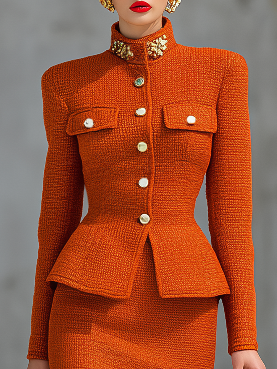 Elegant Stand-collar Knitted Cardigan And Skirt Set