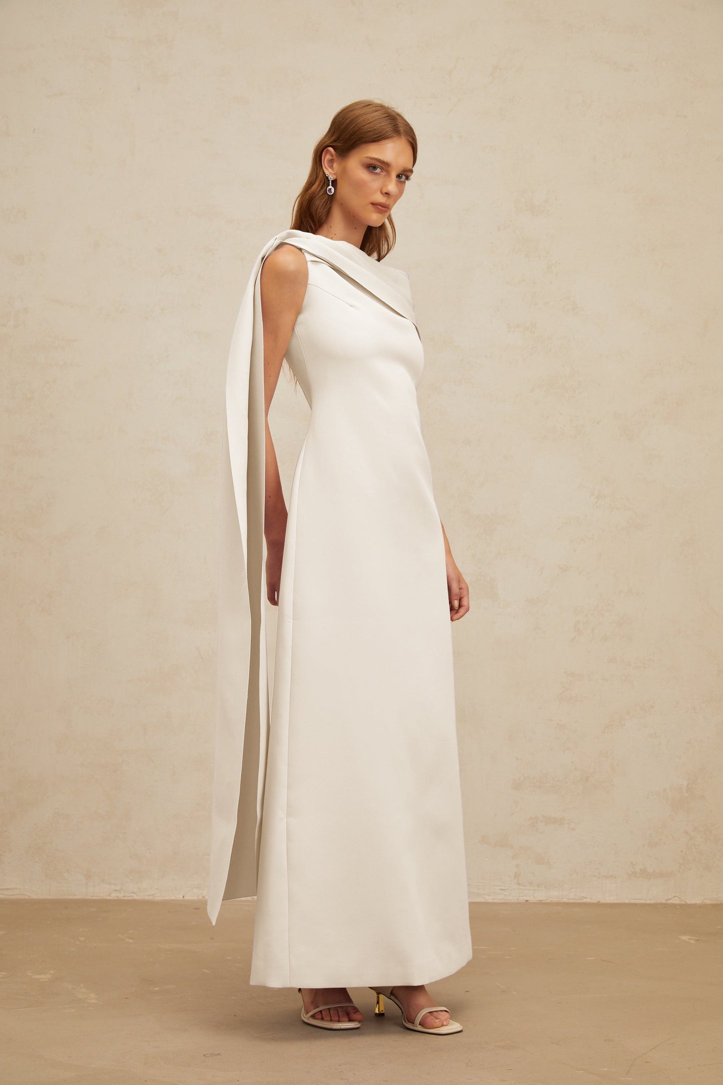 Annabelle White Cape-Design Ribbon Maxi Dress