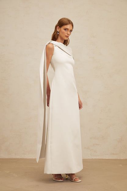 Annabelle White Cape-Design Ribbon Maxi Dress
