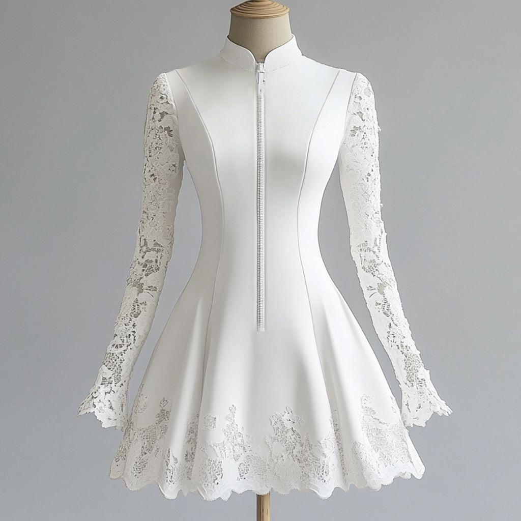 Ursime Stand Collar Lace Patchwork Long Sleeve Zipper Mini Dress