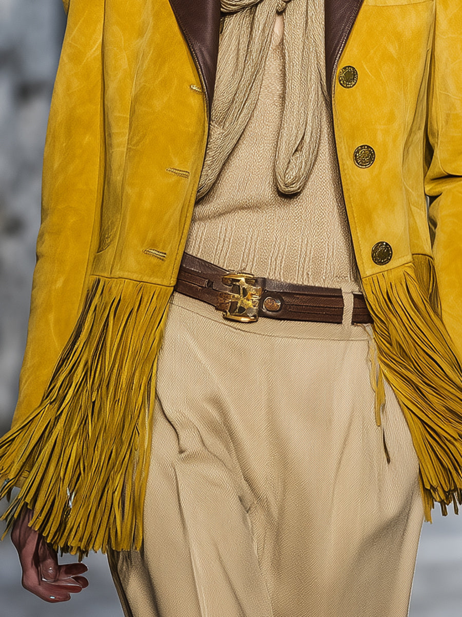 Vintage Western Style Brown Leather Collar With Yellow Tassels Faux Suede Blazer