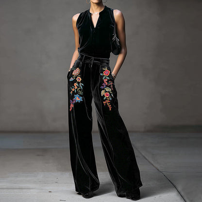 Ursime Velvet Floral Embroidery High Waist Pocket Wide Leg Pants