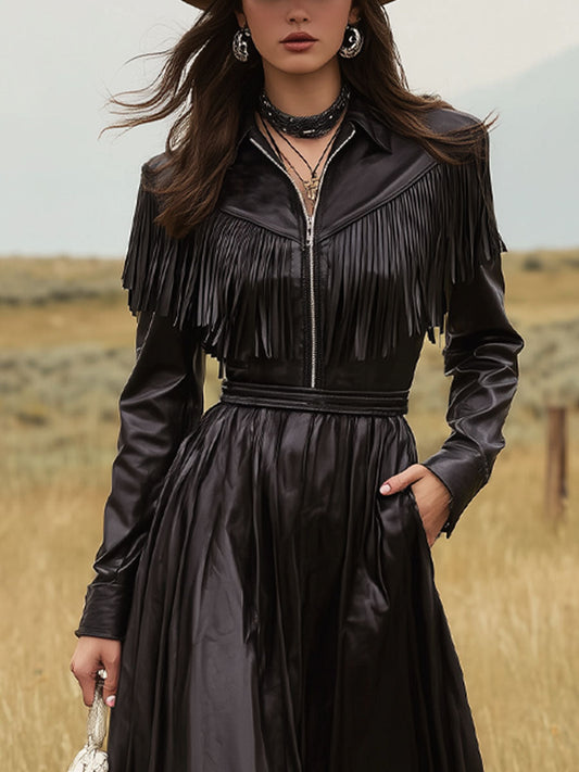 Black Faux Leather Tassel A-line Midi Dress