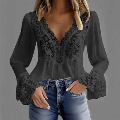 Ursime Floral Lace Hollow Out V Neck Flare Sleeve Blouse