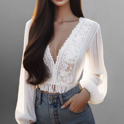 Casual Deep V Neck Puff Sleeve Lace Fringe Cropped Blouse