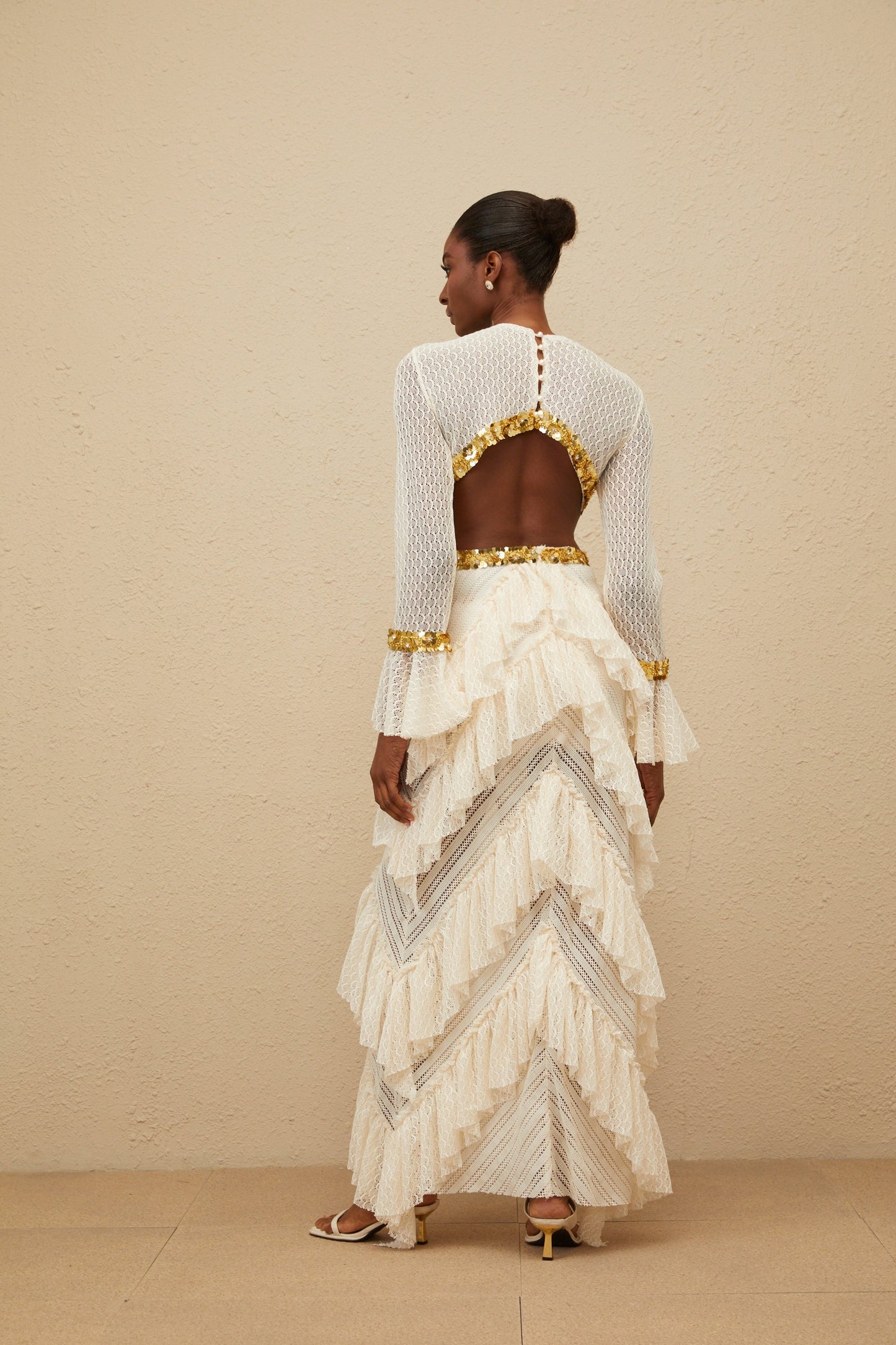 Dorée Neutral Ruffled Sequin Lace Maxi Dress