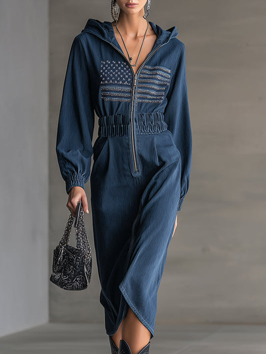 Casual Loose Hooded Printed Front Zipper Blue Denim Long Sleeve Midi Dress
