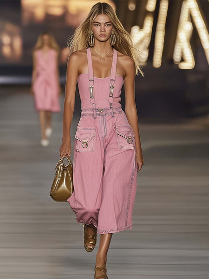 【24-hour shipping out】Fashion Personality Loose Pink Suspender Denim Jumpsuit Overalls