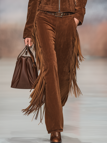 Vintage Western-style Lapel Suede Jacket And Fringed Trousers Set