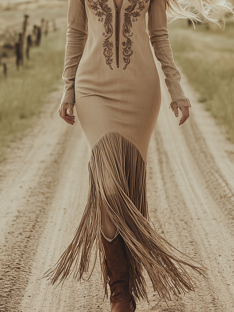 Western Retro Embroidered Zipper Khaki Tassel Maxi Dress