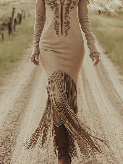 Western Retro Embroidered Zipper Khaki Tassel Maxi Dress