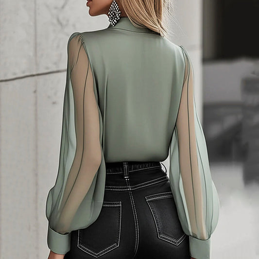 Formal Shirt Collar Translucent Lantern Sleeve Button Blouse