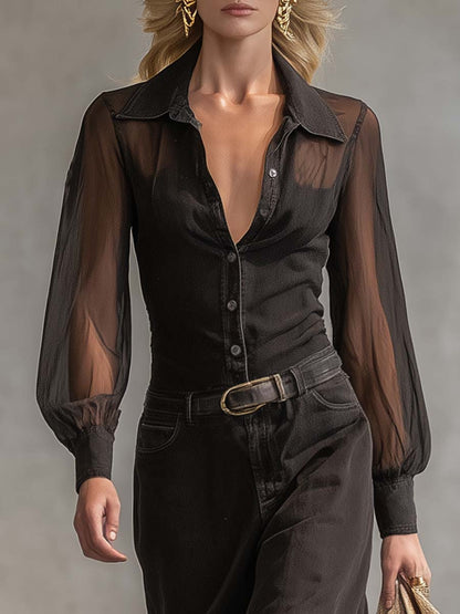 Vintage Western Front Button V-Neck Transparent Long Sleeve Black Denim Maxi Dress