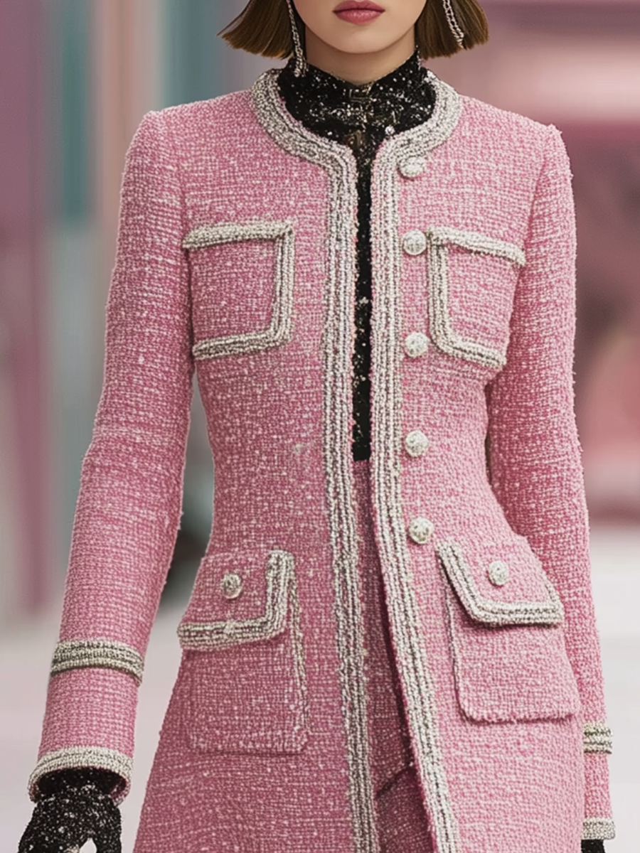 Vintage Silver Trim Tweed Mid-Length Coat