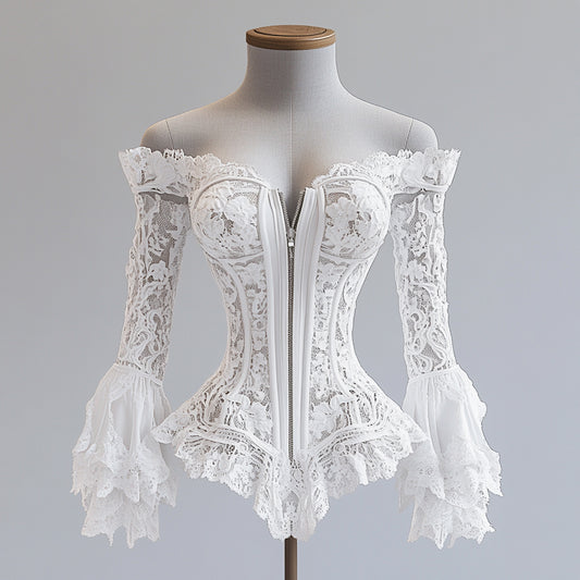 Ursime Lace Off Shoulder Flare Sleeve Irregular Hem Zipper Blouse
