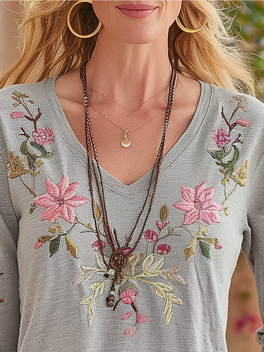 (clearance)Elegant Floral Embroidery V-neck Long Sleeves T-shirt