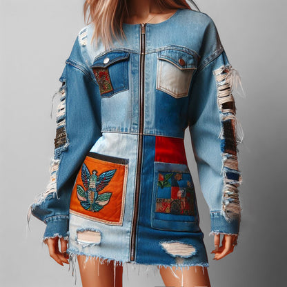 Fashion Patchwork Denim Ripped Chest Pockets Zip Up Mini Dress