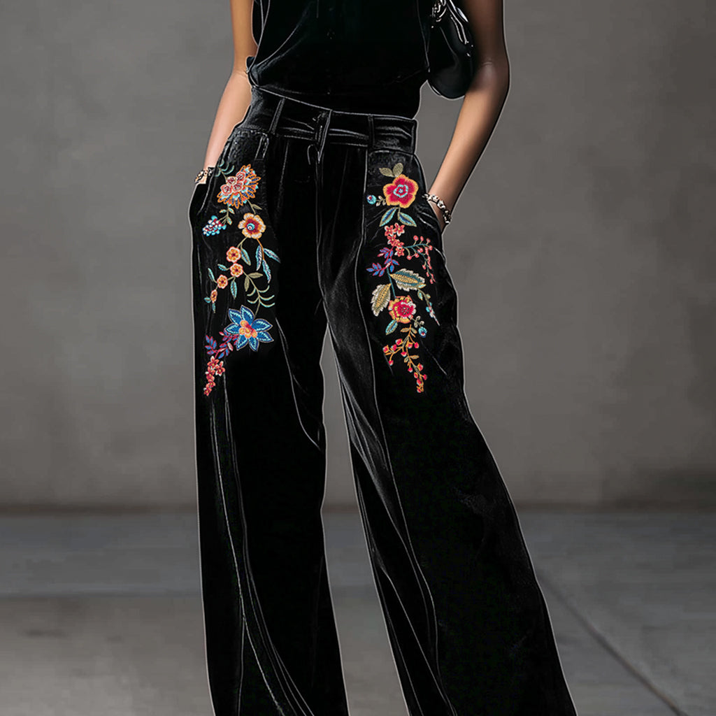 Ursime Velvet Floral Embroidery High Waist Pocket Wide Leg Pants