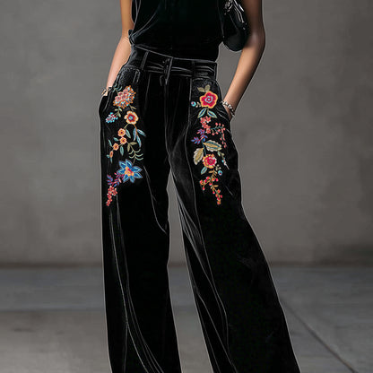 Ursime Velvet Floral Embroidery High Waist Pocket Wide Leg Pants