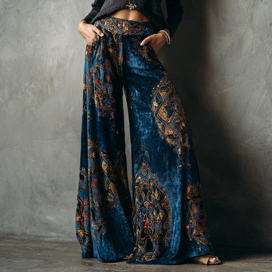 Ursime Velvet Ethnic Print High Rise Slant Pocket Wide Leg Pants