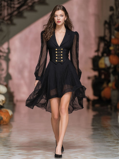 Black Lapel Long-sleeved Waist Midi Dress