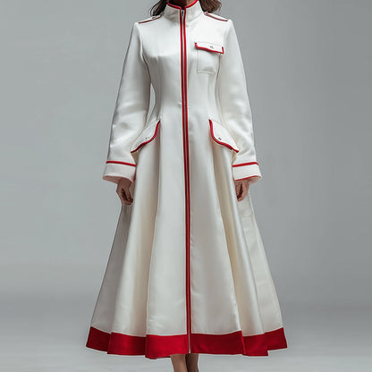 Ursime Contrast Binding Flap Pocket Long Sleeve Coat Midi Dress