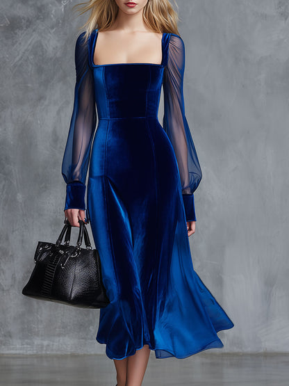 Fashion Retro Party Royal Blue Velvet Mesh Long Sleeve Midi Dress