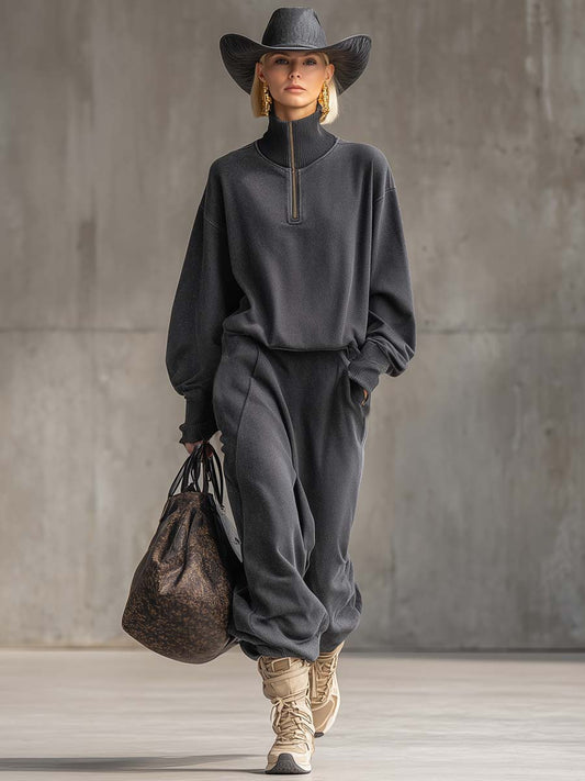 Casual Loose Fashion High Collar Front Zipper Dark Gray Sweatshirt And Skirt Set