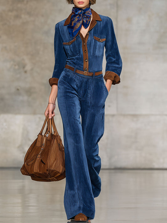 Western Retro Brown Trim Blue Corduroy Long Sleeve Jumpsuit