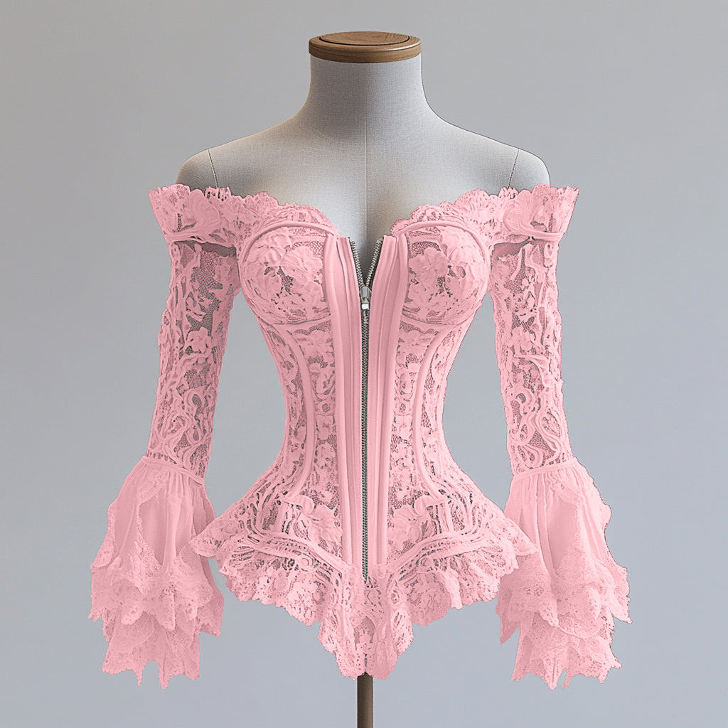 Ursime Lace Off Shoulder Flare Sleeve Irregular Hem Zipper Blouse