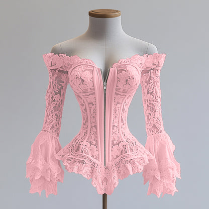Ursime Lace Off Shoulder Flare Sleeve Irregular Hem Zipper Blouse