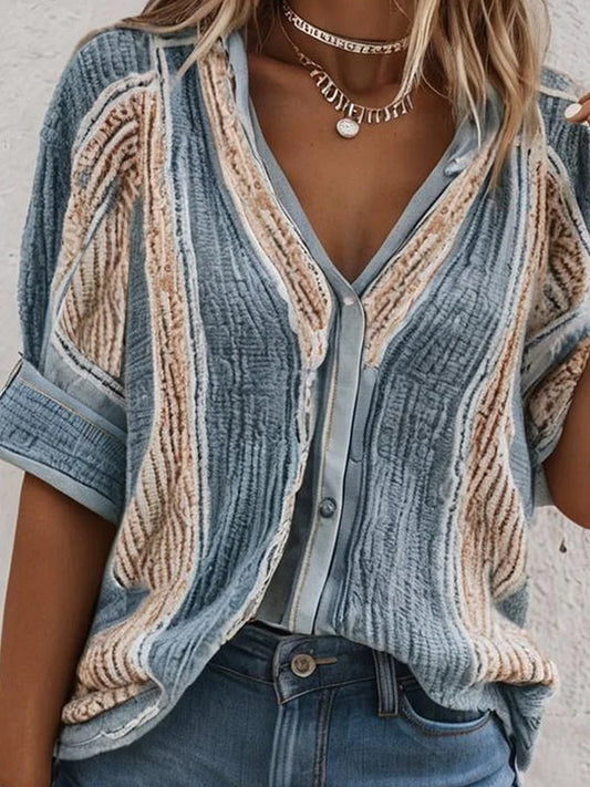 Casual V Neck Colorblock Half Sleeve Loose Blouse
