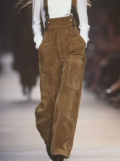 Western-Style Casual Brown Faux Suede Multi-Pocket Overalls