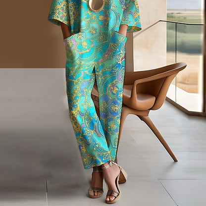 Ursime Ethnic Patterns Drop Shoulder 3/4 Sleeve Pocket Jumpsuit
