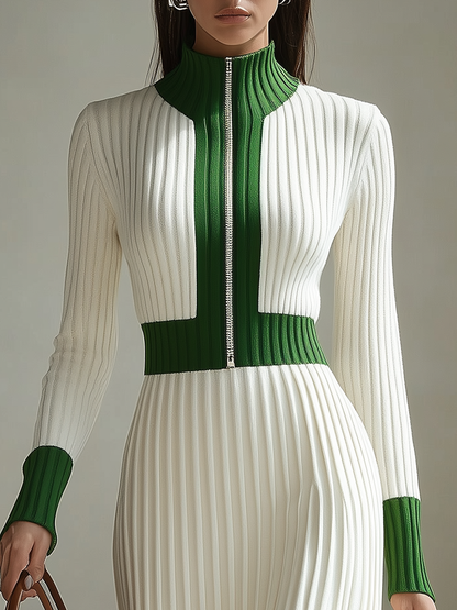 Retro Zipper Stand Collar Stitching Contrast Color Knitted Maxi Dress