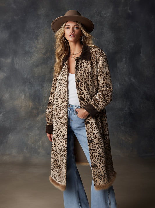 Vintage Corduroy Collar Faux Mink Hem Leopard Print Velvet Midi Jacke