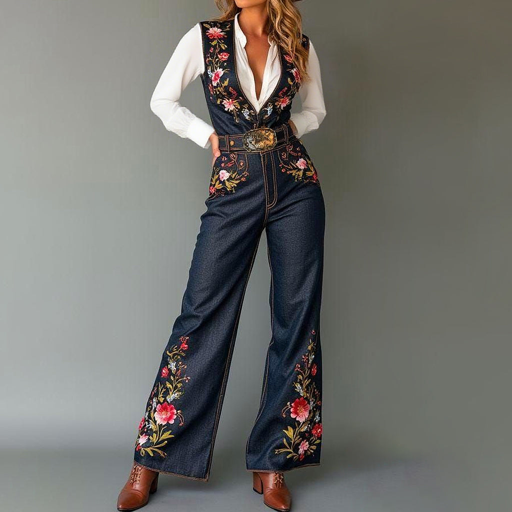 Western Denim Floral Pattern Deep V Neck Wide Leg Jumpsuit
