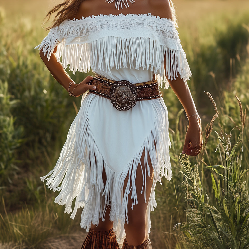 Ursime Off The Shoulder Fringe Irregular Hem Midi Dress