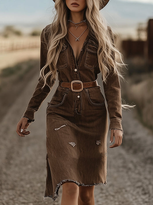 Vintage Western Brown Denim Raw Hem Long Sleeve Midi Dress